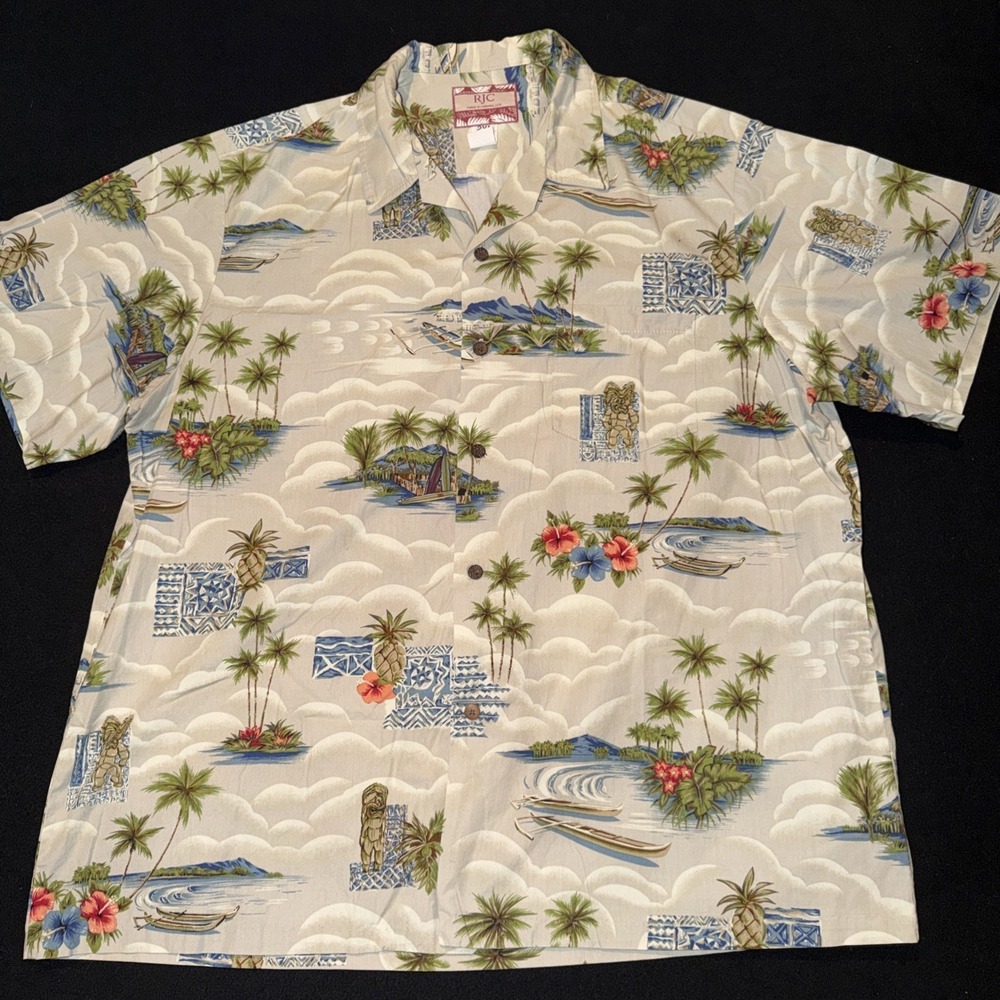 RJC EUC Vintage Hawaiian Tiki Island Men's Hawaiian Short Shirt Mens 2XL
